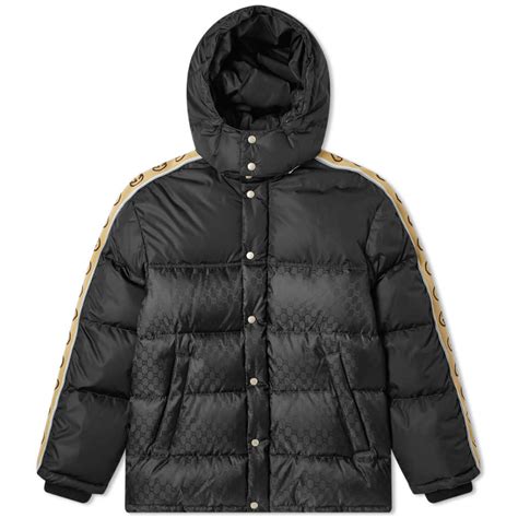 gucci gg jacquard taped sleeve logo down jacket|gucci cropped jacket.